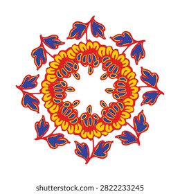 A hand-drawn digital illustration of a circular floral mandala with a central wreath of yellow and blue petals, surrounded by a ring of blue leaves outlined in red, against a white background.