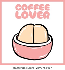 Hand-drawn digital illustration of a coffee bean inside its cherry with bold black outlines and "Coffee Lover" text in a playful font on a white background, Vector