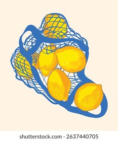 Hand-drawn digital illustration of fresh yellow lemons in a vibrant blue mesh bag. Modern, bold design perfect for kitchen art, packaging, editorial, and summer-themed creative projects.
