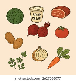 Conjunto de ilustração digital desenhado à mão de ingredientes tradicionais ucranianos borscht. Inclui repolho, beterraba, cenouras, batatas, tomates, cebola, salsa, creme de leite e um pedaço de carne. Folclore colorido