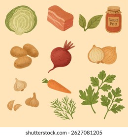 Conjunto de ilustração digital desenhado à mão de ingredientes tradicionais ucranianos borscht. Inclui repolho, beterraba, cenouras, batatas, tomates, cebola, salsa, creme de leite e um pedaço de carne. Folclore colorido