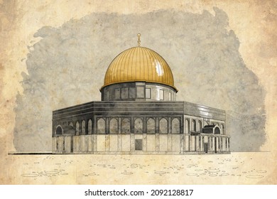 A hand-drawn digital pencil sketch of the Al Aqsa Mosque (Dome of the Rock) in Jerusalem with old paper vintage effect. Islamic architecture