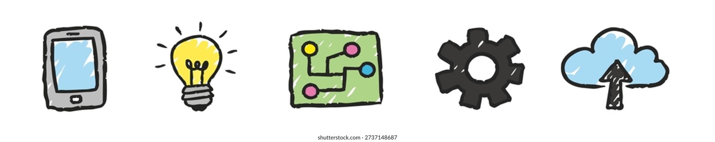Hand-drawn digital technology icons featuring a smartphone, light bulb, circuit board, gear, and cloud upload symbol in a creative doodle style.