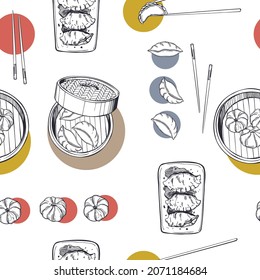 Hand-drawn dim sum set.Vector  seamless pattern. 