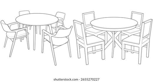 Hand-Drawn Dining Table Set Illustration. Outline Style Wooden Furniture for Interior and Home Design Projects


