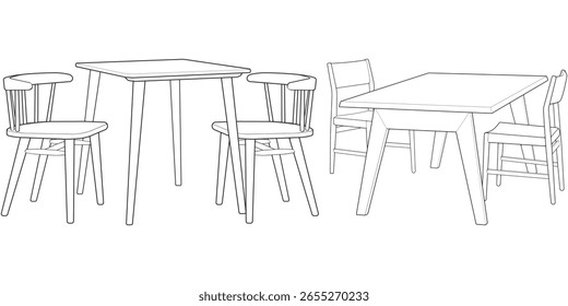 Handgezeichnete Esstisch Set Illustration. Outline Style Holzmöbel für Innen- und Wohndesign Projekte

