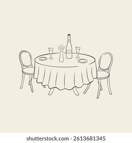 Hand-drawn dinner table with chairs. Design for wedding, birthday, or party. Vector illustration.