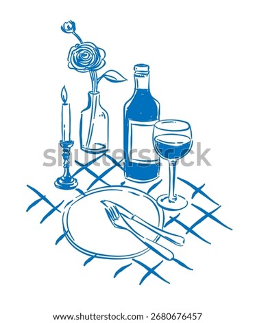 Hand-drawn dinner table, Sketch dinner items decoration for dinner party invitation, party, menus, card whimsical vector illustration