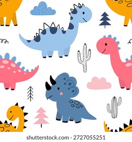 Dibujado a mano patrón de dinosaurio sin fisuras con varias especies como Diplodocus, Triceratops y Stegosaurus en colores pastel. Fondo prehistórico del bosque de la diversión para envolver el papel, el scrapbooking, y la ropa de los niños.