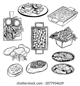 Hand-drawn dishes from potatoes. French fries, rustic fries, baked potatoes,  casserole. Vector sketch illustration.