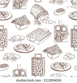 Hand-drawn dishes from potatoes. French fries, rustic fries, baked potatoes,  casserole. Vector seamless pattern 