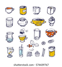 Hand-drawn dishes and tea time elements doodle collection