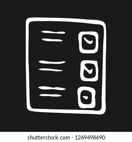 Handdrawn document doodle icon. Hand drawn black sketch. Sign symbol. Decoration element. Black background. Isolated. Flat design. Vector illustration.