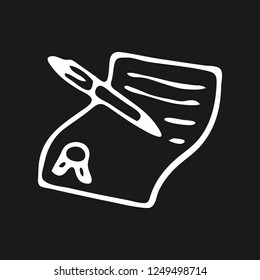 Handdrawn document doodle icon. Hand drawn black sketch. Sign symbol. Decoration element. Black background. Isolated. Flat design. Vector illustration.