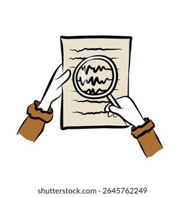 Hand-drawn document inspection vector illustration, person analyzing paper with magnifying glass in doodle style