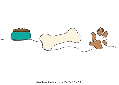 Hand-drawn dog bone, paw and dog food continuous line art drawing. Dog elements line art icon.