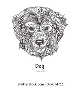 Hand-drawn dog  with ethnic floral doodle pattern. Coloring page - zendala, design for  relaxation and meditation for adults, vector illustration, isolated on a white background. Zen doodles.