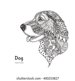 Hand-drawn dog  with ethnic floral doodle pattern. Coloring page - zendala, design for  relaxation and meditation for adults, vector illustration, isolated on a white background. Zen doodles.