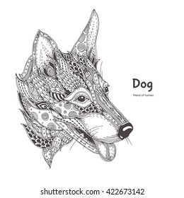 Hand-drawn dog  with ethnic floral doodle pattern. Coloring page - zendala, design for  relaxation and meditation for adults, vector illustration, isolated on a white background. Zen doodles.