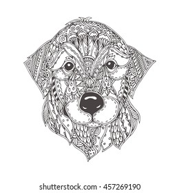 Hand-drawn dog with ethnic floral doodle pattern. Coloring page - zendala, design for  meditation for adults, vector illustration, isolated on a white background. Zen doodles.
