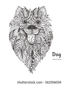  Hand-drawn dog with ethnic floral pattern. Coloring page - zendala, design for  relaxation and meditation for adults, vector illustration, isolated on a white background. Zen doodles