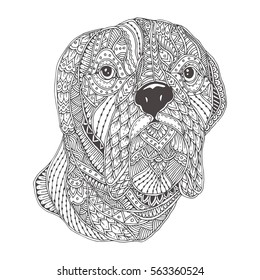  Hand-drawn dog with ethnic floral pattern. Coloring page - zendala, design for  coloring and meditation for adults, vector illustration, isolated on a white background. Zen doodles