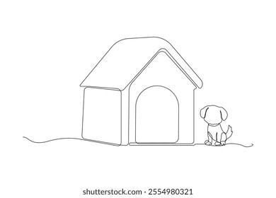 Hand-drawn dog house one-line art drawing. Pet house continuous outline vector