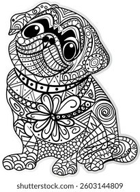 Hand-drawn dog Mandela design, Ethnic floral doodle pattern. Coloring page - zendala, design for relaxation and meditation for adults, vector illustration, isolated on a white background.