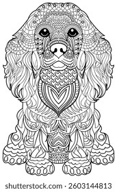 Hand-drawn dog Mandela design, Ethnic floral doodle pattern. Coloring page - zendala, design for relaxation and meditation for adults, vector illustration, isolated on a white background.