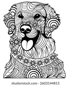 Hand-drawn dog Mandela design, Ethnic floral doodle pattern. Coloring page - zendala, design for relaxation and meditation for adults, vector illustration, isolated on a white background.