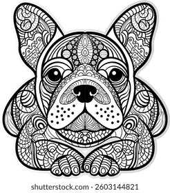 Hand-drawn dog Mandela design, Ethnic floral doodle pattern. Coloring page - zendala, design for relaxation and meditation for adults, vector illustration, isolated on a white background.