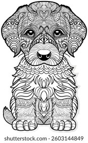 Hand-drawn dog Mandela design, Ethnic floral doodle pattern. Coloring page - zendala, design for relaxation and meditation for adults, vector illustration, isolated on a white background.