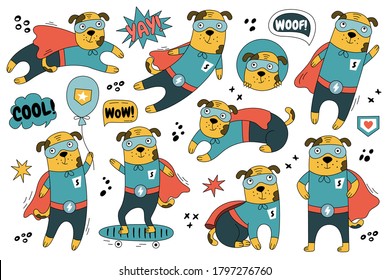 Hand-drawn dog in superhero costumes in different poses. Set of cute character for decorating a child's room, postcard, poster, book.