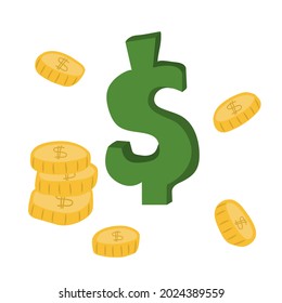 Hand-drawn  dollar sign and stacks of coins, isolated on white background.  Symbol of wealth, success and good luck. Bank and Finance. Vector illustration.