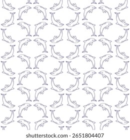 Projeto de golfinhos desenhados à mão com temas aquáticos e costeiros. Padrão sem costura ideal para têxteis decorativos e fundos inspirados no oceano.
