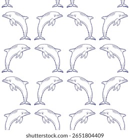 Projeto de golfinhos desenhados à mão com temas aquáticos e costeiros. Padrão sem costura ideal para têxteis decorativos e fundos inspirados no oceano.