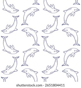 Hand-drawn dolphin design featuring aquatic and coastal themes. Seamless pattern ideal for decorative textiles and ocean-inspired backgrounds.