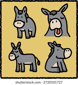 Conjunto de ilustración de personaje de burro dibujado a mano que muestra burros sentados, sonriendo y sacando la lengua en poses amistosas. Las Formas redondeadas y los contornos gruesos hacen que esta obra de arte sea perfecta para ilustraciones de libros de cuentos, materiales de educación agrícola y lindas pegatinas para animales.