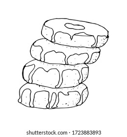Hand-drawn donut design with icing. Homemade cakes, delicious design sketch for postcards, posters, recipes. Vector illustration on a white background.