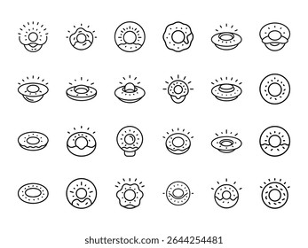 Conjunto de ícones de gema de ovo e rosquinha desenhados à mão - 25 Ilustrações de arte de linha única de símbolos redondos de comida de café da manhã no fundo branco