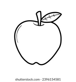 A hand-drawn doodle of an apple with a leaf isolated on a white background. Vector illustration.