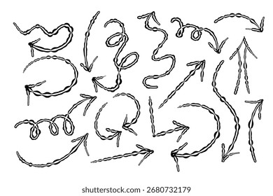 Juego de flechas Doodle dibujadas a mano - Colección de Vector de punteros de dirección incompletos negros