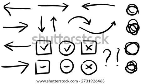 Handdrawn doodle arrows check marks cross symbols minus signs and expressive elements for creative graphic design