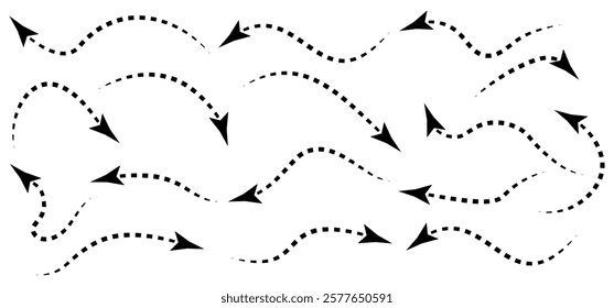 Hand-drawn Doodle arrows icon set or graphics collection. Pointer icons. Pointer graphic symbols. Sketch arrow design for business plan and education. Vector illustration.
