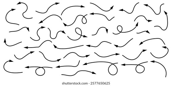 Hand-drawn Doodle arrows icon set or graphics collection. Pointer icons. Pointer graphic symbols. Sketch arrow design for business plan and education. Vector illustration.