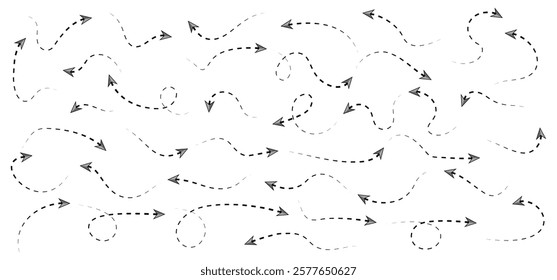Hand-drawn Doodle arrows icon set or graphics collection. Pointer icons. Pointer graphic symbols. Sketch arrow design for business plan and education. Vector illustration.