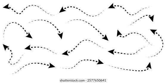 Hand-drawn Doodle arrows icon set or graphics collection. Pointer icons. Pointer graphic symbols. Sketch arrow design for business plan and education. Vector illustration.