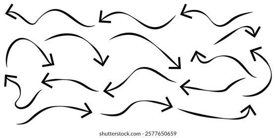 Hand-drawn Doodle arrows icon set or graphics collection. Pointer icons. Pointer graphic symbols. Sketch arrow design for business plan and education. Vector illustration.