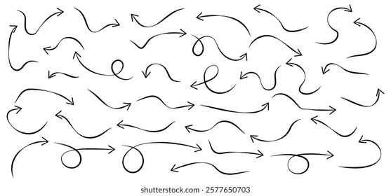 Hand-drawn Doodle arrows icon set or graphics collection. Pointer icons. Pointer graphic symbols. Sketch arrow design for business plan and education. Vector illustration.