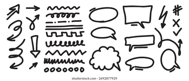 Handgezeichnete Doodle-Pfeile, Linien und Sprechblasen-Set